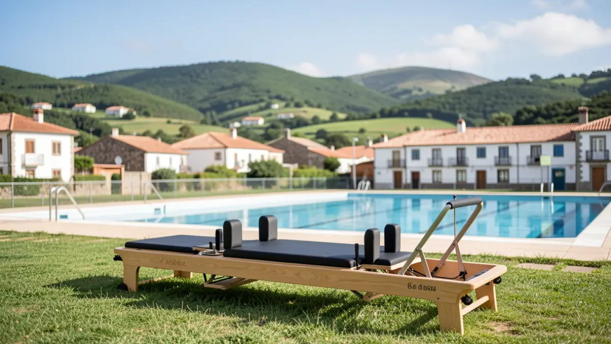 Imagen de una sesión de pilates al aire libre en una zona verde junto a una piscina municipal.