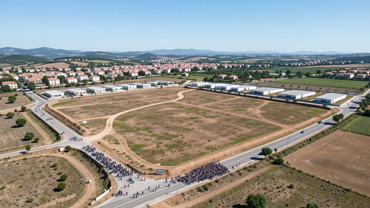 Vista aérea de una gran parcela de terreno residencial sin desarrollar en Galicia, con carreteras y el pueblo a distancia.