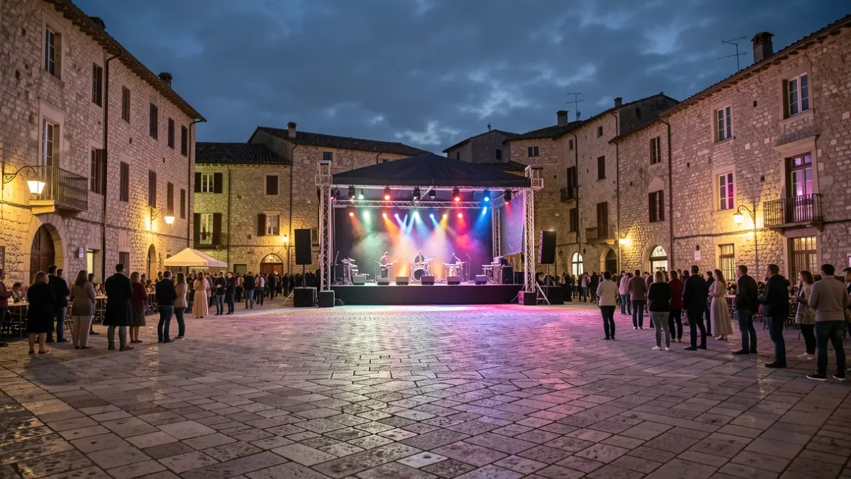 Imaxe dun escenario de concerto baleiro na Praza da España de Pontevedra pola noite, con luces de cores e edificios históricos ao fondo.