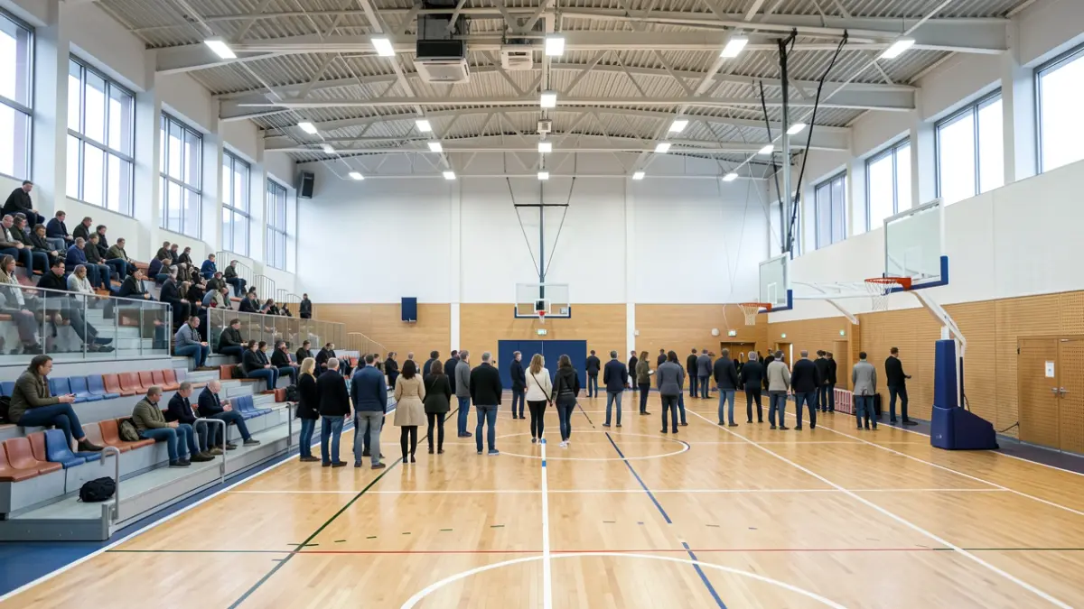 Imagen genérica de un pabellón deportivo vacío con canastas y gradas.