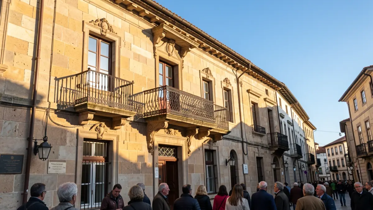Imagen genérica de un ayuntamiento gallego con balcón y luz solar.