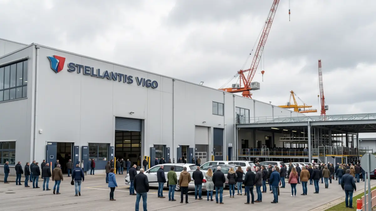 Imaxe xenérica da fábrica de Stellantis Vigo, con naves industriais e o ceo nubrado.