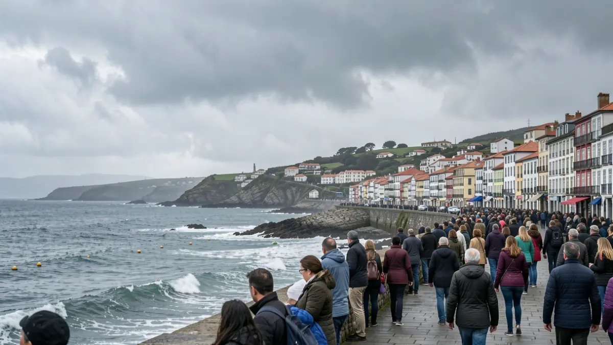 Imaxe xenérica dun ceo cuberto con chuvia e vento sobre a vila costeira de Ribeira.