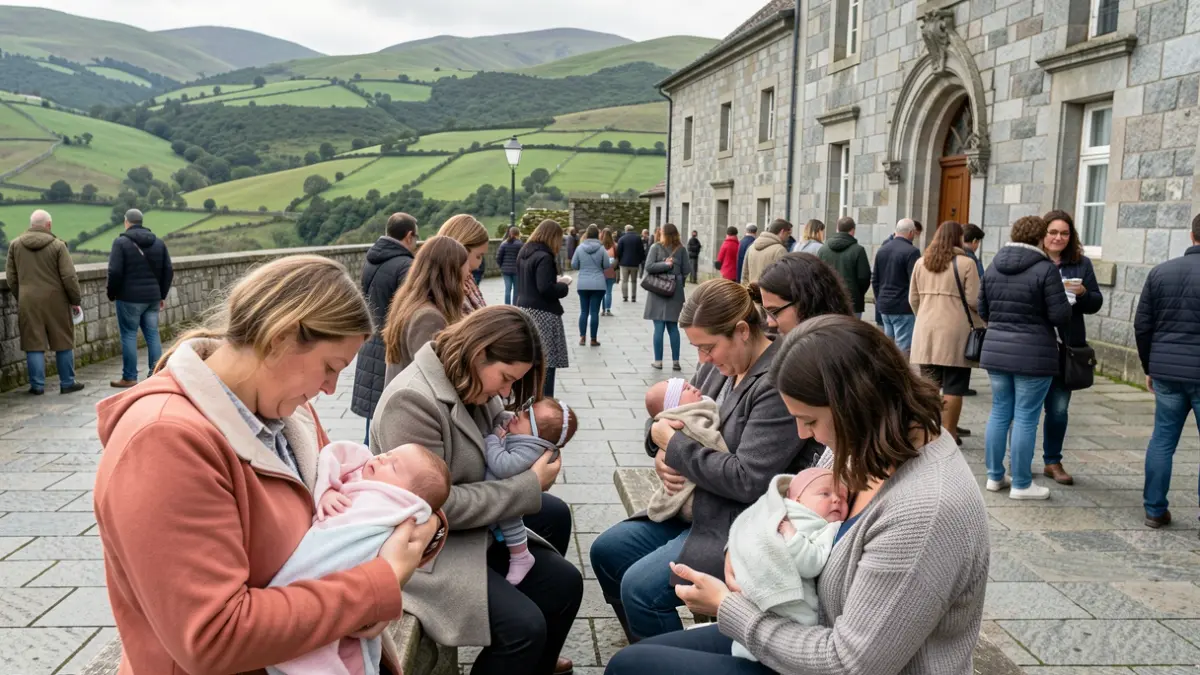 Imagen de un grupo de madres amamantando a sus bebés en un espacio público en Galicia, con arquitectura de granito y colinas verdes de fondo.