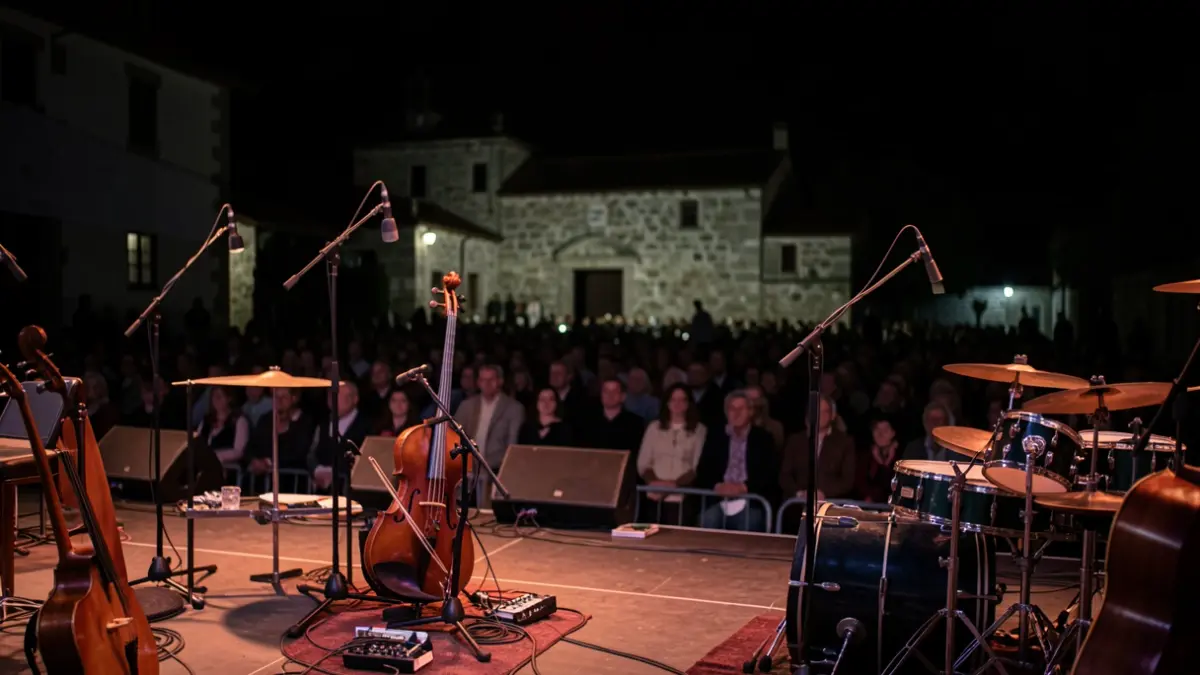 Imagen genérica de un concierto al aire libre por la noche con instrumentos musicales y público difuminado.