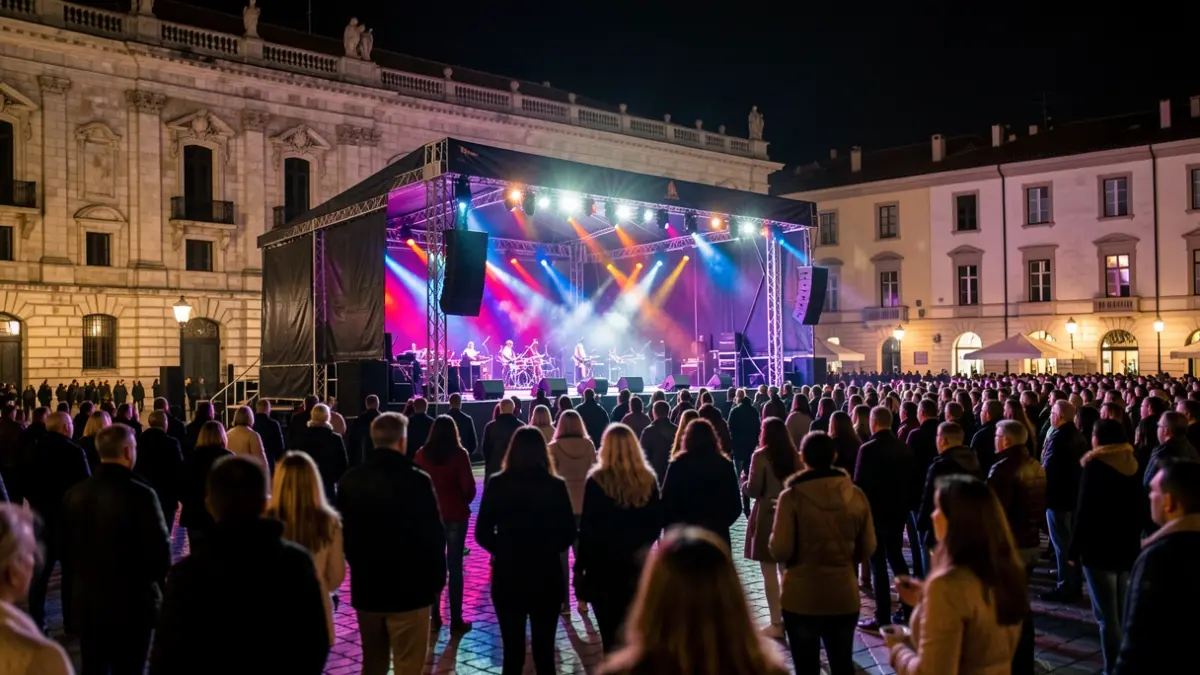 Imagen genérica de un concierto al aire libre en una plaza con luces de escenario y público difuminado.