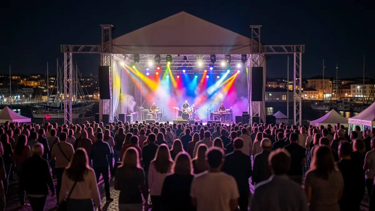 Imagen de un concierto nocturno en un puerto con luces de colores y público difuminado.