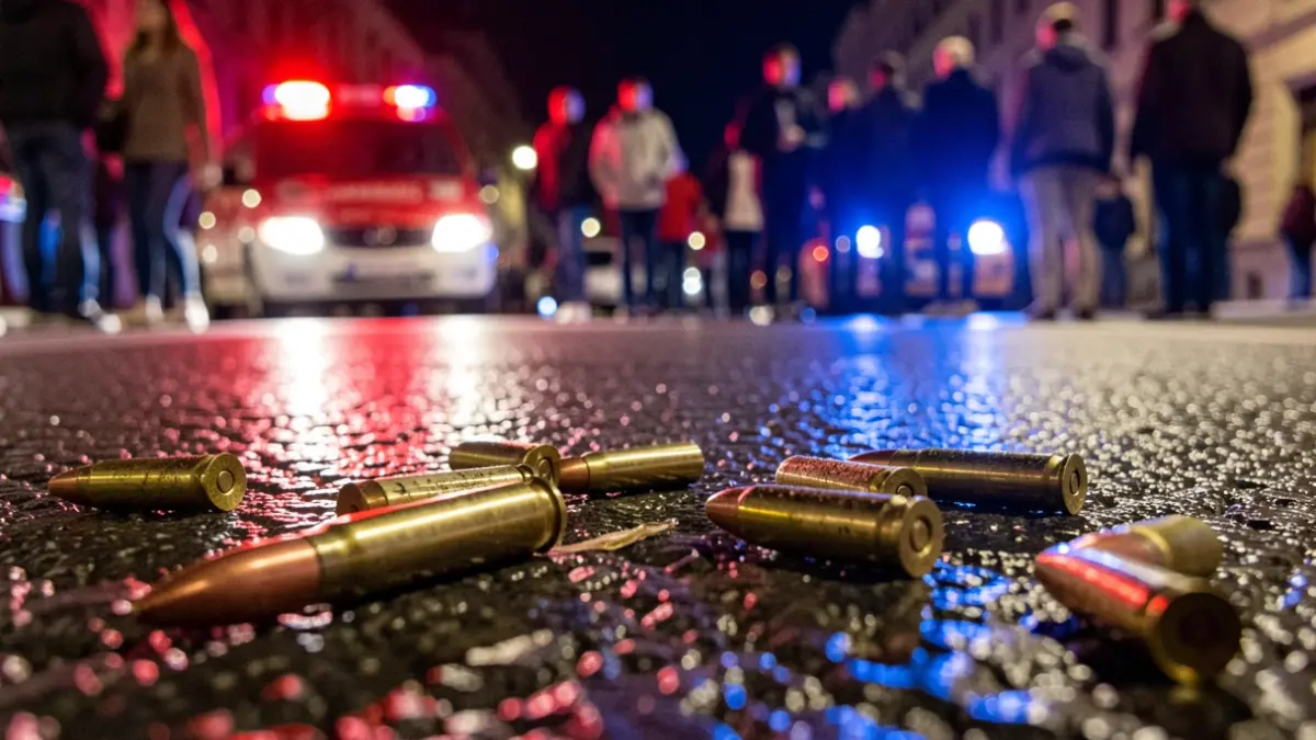 Imagen genérica de casquillos de bala en asfalto mojado con luces de emergencia borrosas.