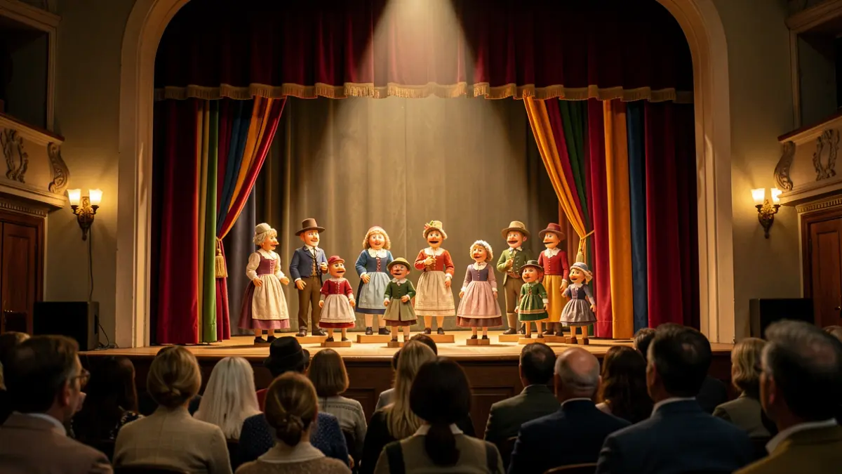 Imagen genérica de un escenario de teatro de títeres con títeres tradicionales.
