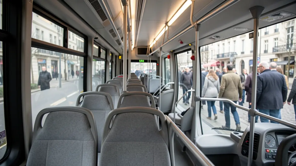 Imaxe xenérica dun interior de autobús eléctrico moderno con asentos baleiros e fiestras limpas.