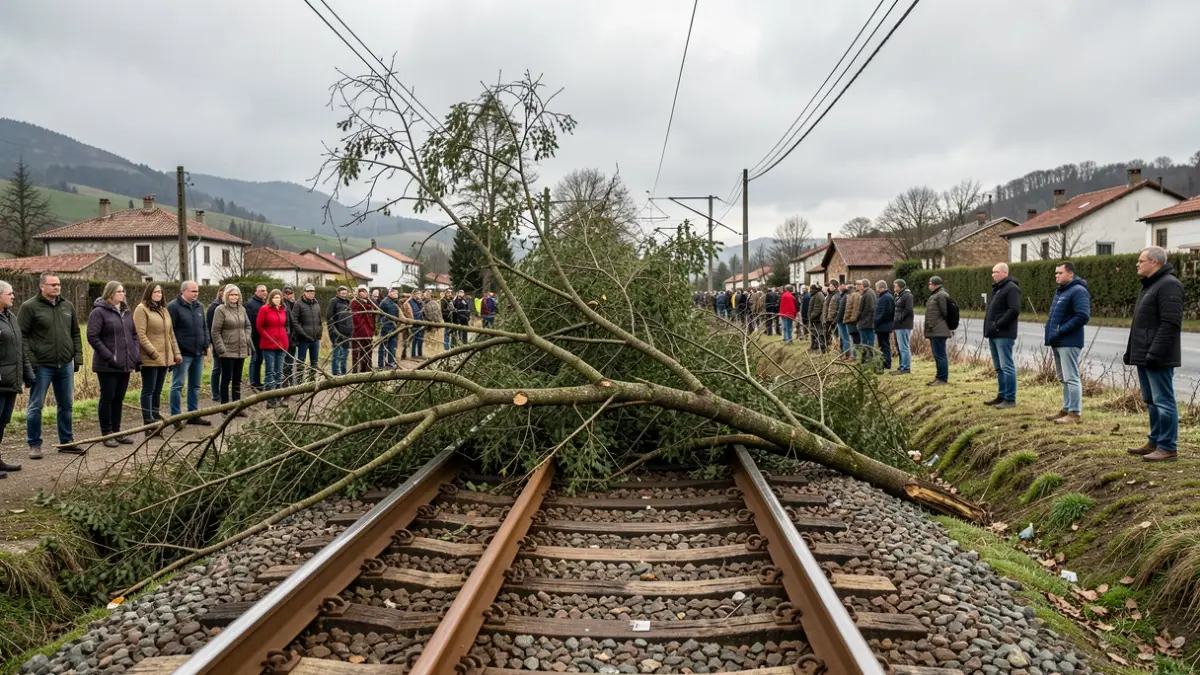 Imagen de una vía de tren en Galicia con un árbol caído obstruyendo el paso.