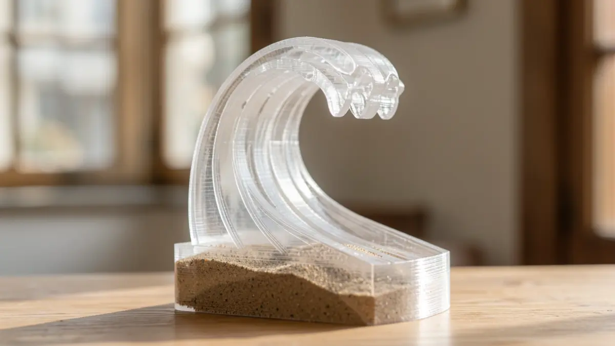 Imaxe dunha onda estilizada feita con impresión 3D, con area dentro, representando un trofeo.