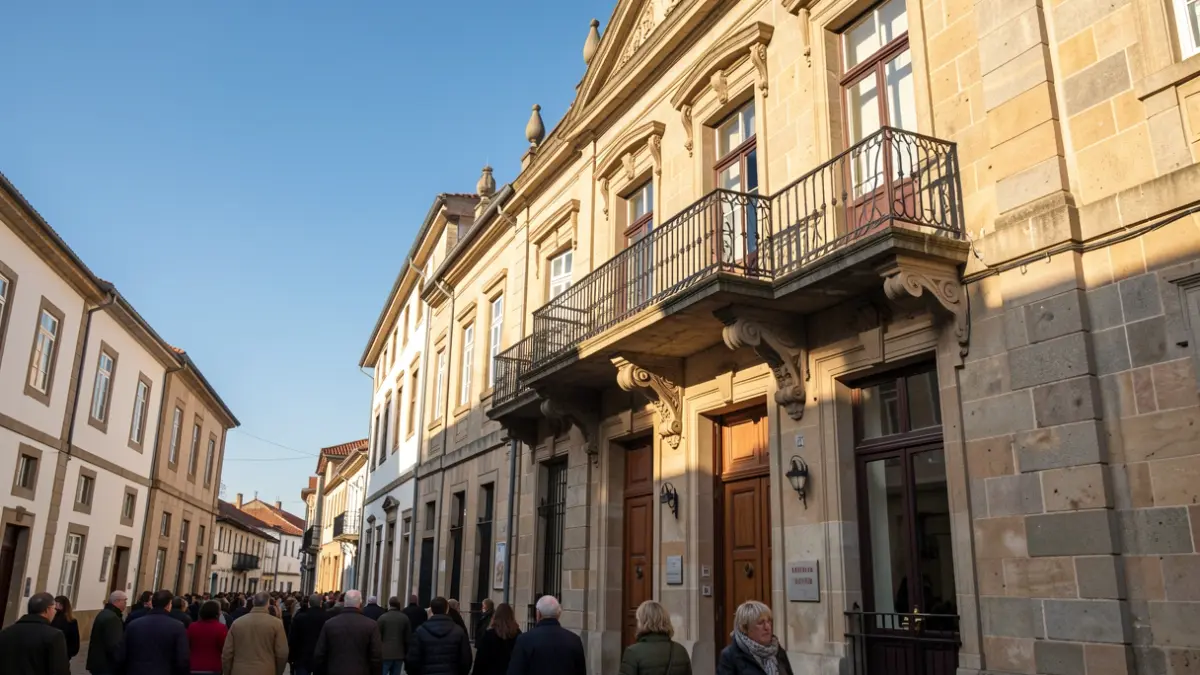 Imagen genérica de un ayuntamiento gallego de granito con balcón ornamentado y rejas de hierro, cálida luz solar de la tarde.
