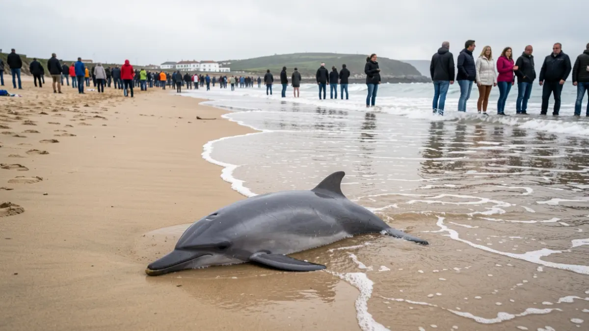 Un golfiño morto na area da praia do Orzán, A Coruña, coas ondas do mar.