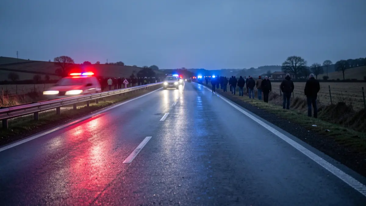 Imaxe xenérica de emerxencias na estrada N-634 en Galicia ao anoitecer, con luces de policía reflectidas no asfalto mollado.