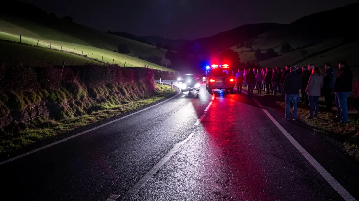 Imagen genérica de luces de emergencia reflejadas en una carretera mojada por la noche.