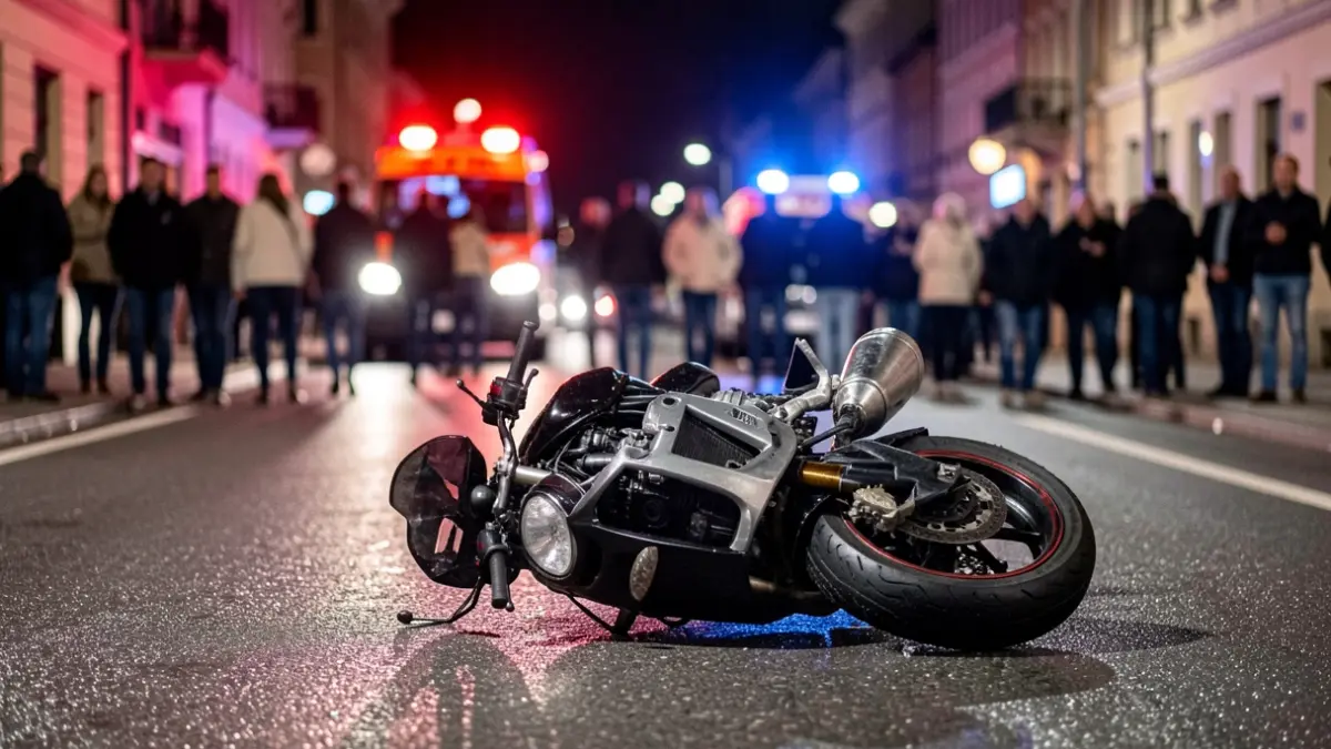 Imagen genérica de una motocicleta accidentada por la noche con luces de emergencia.
