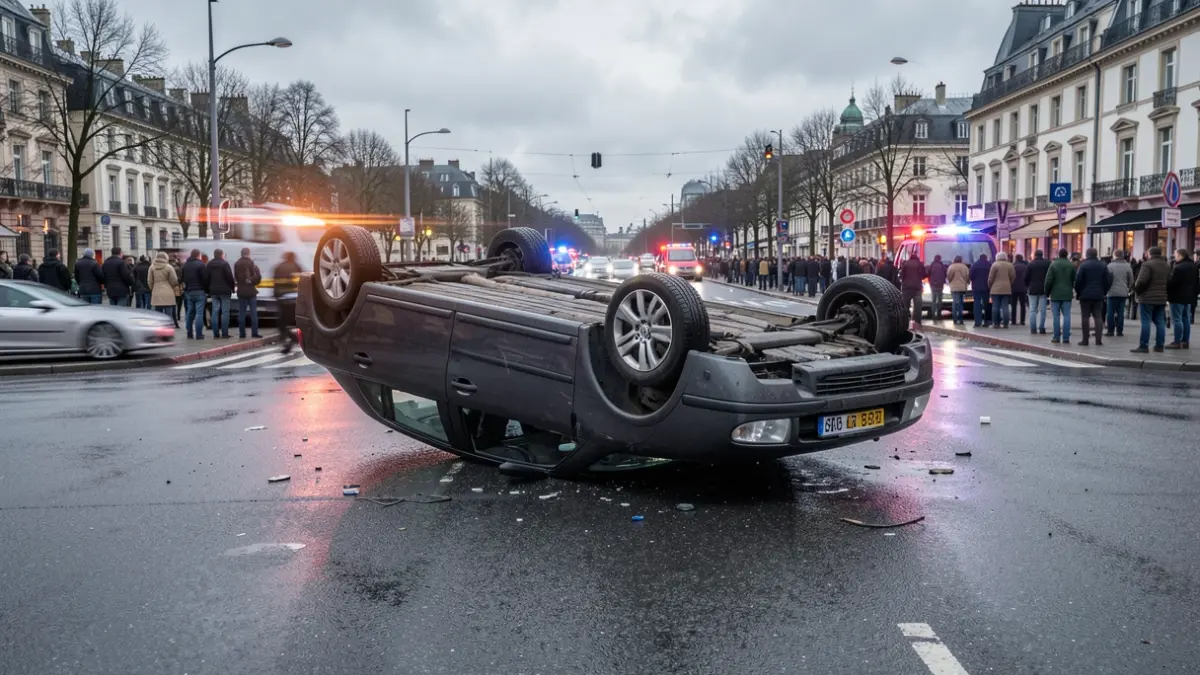 Imagen genérica de un coche volcado en una carretera mojada con luces de emergencia.