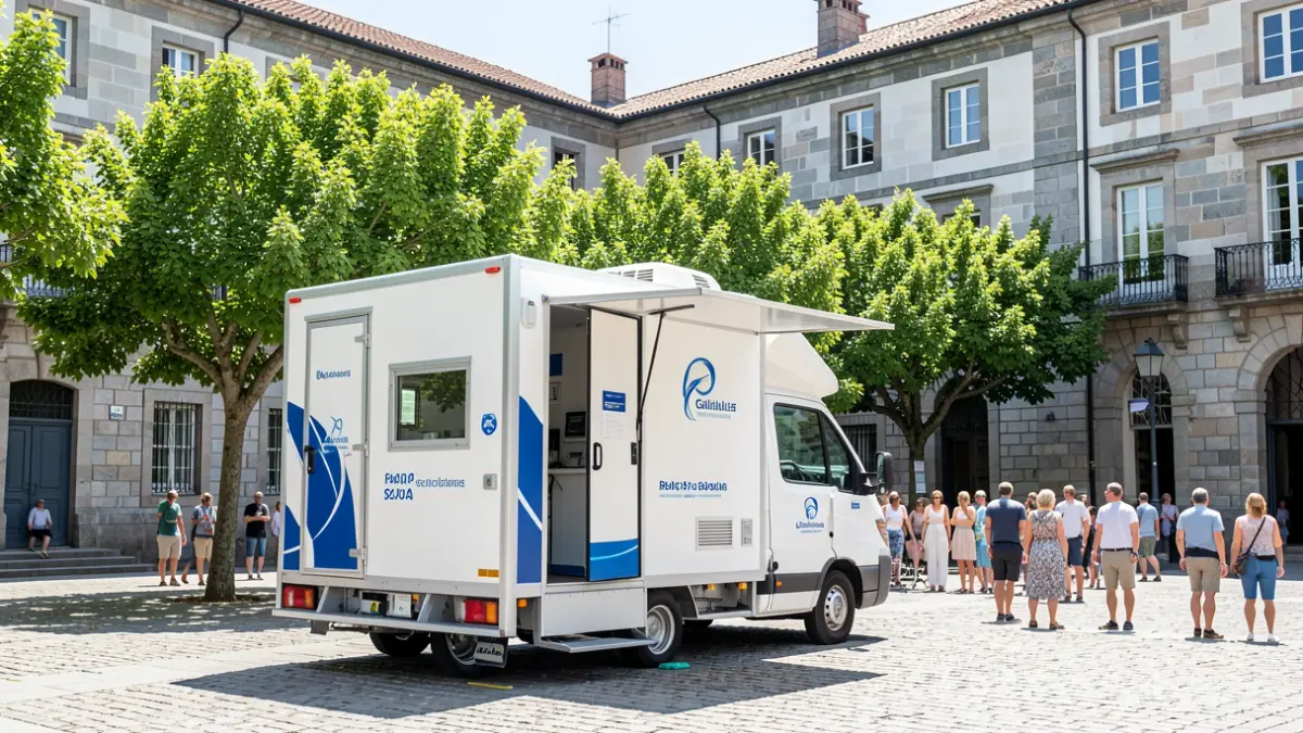 Unidad móvil de donación de sangre estacionada en una plaza pública de Galicia con arquitectura de granito y árboles verdes.