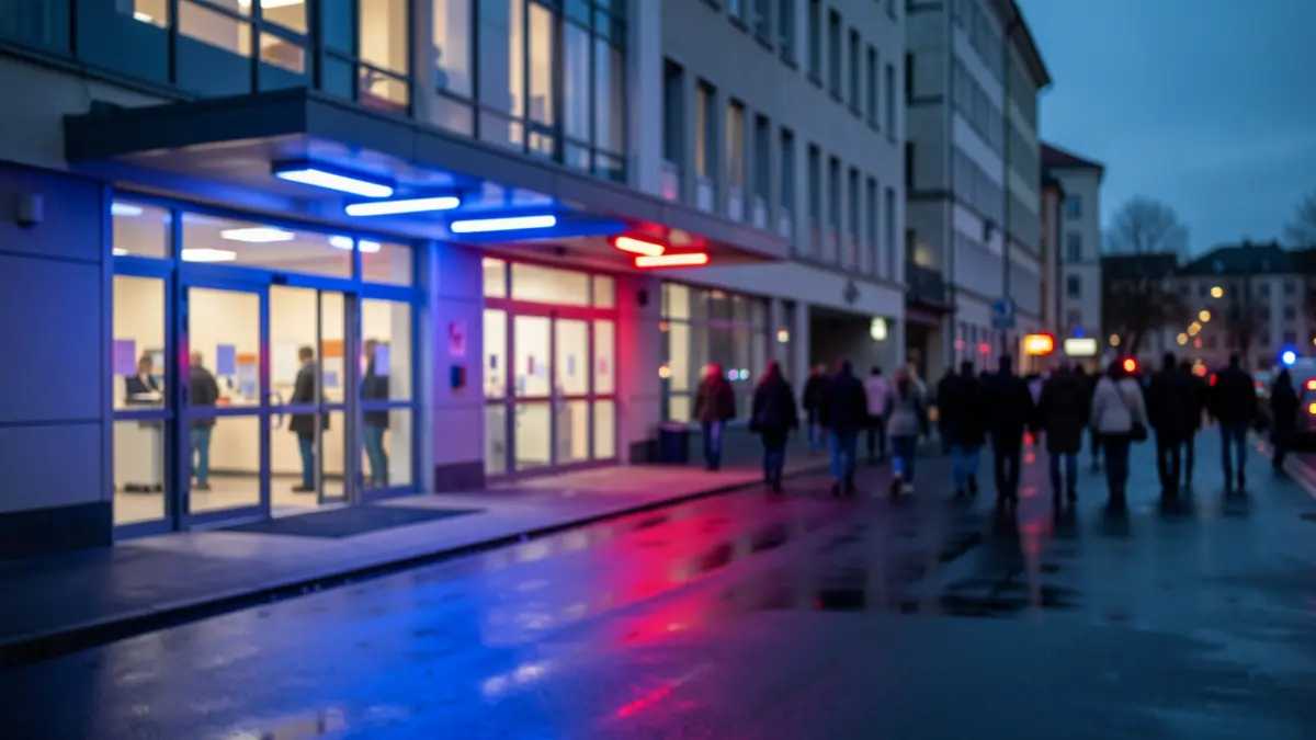 Imaxe xenérica de entrada a urxencias hospitalarias ao anoitecer con luces de emerxencia.
