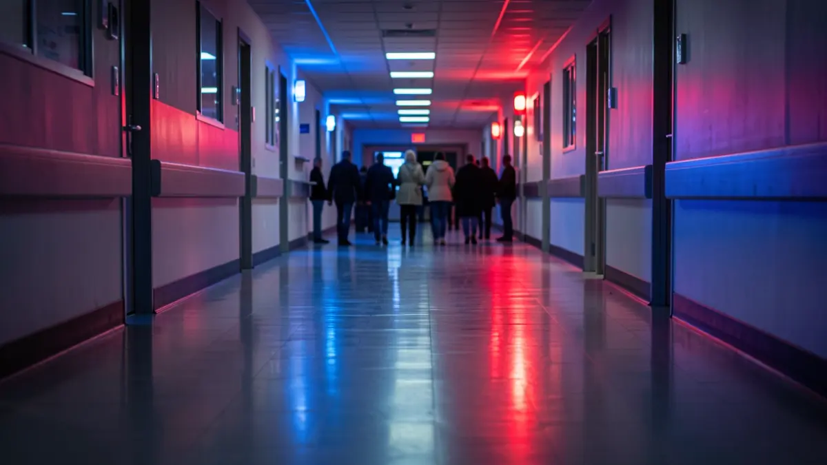 Imaxe xenérica dun corredor de urxencias hospitalarias baleiro pola noite, con luces de emerxencia azuis e vermellas.
