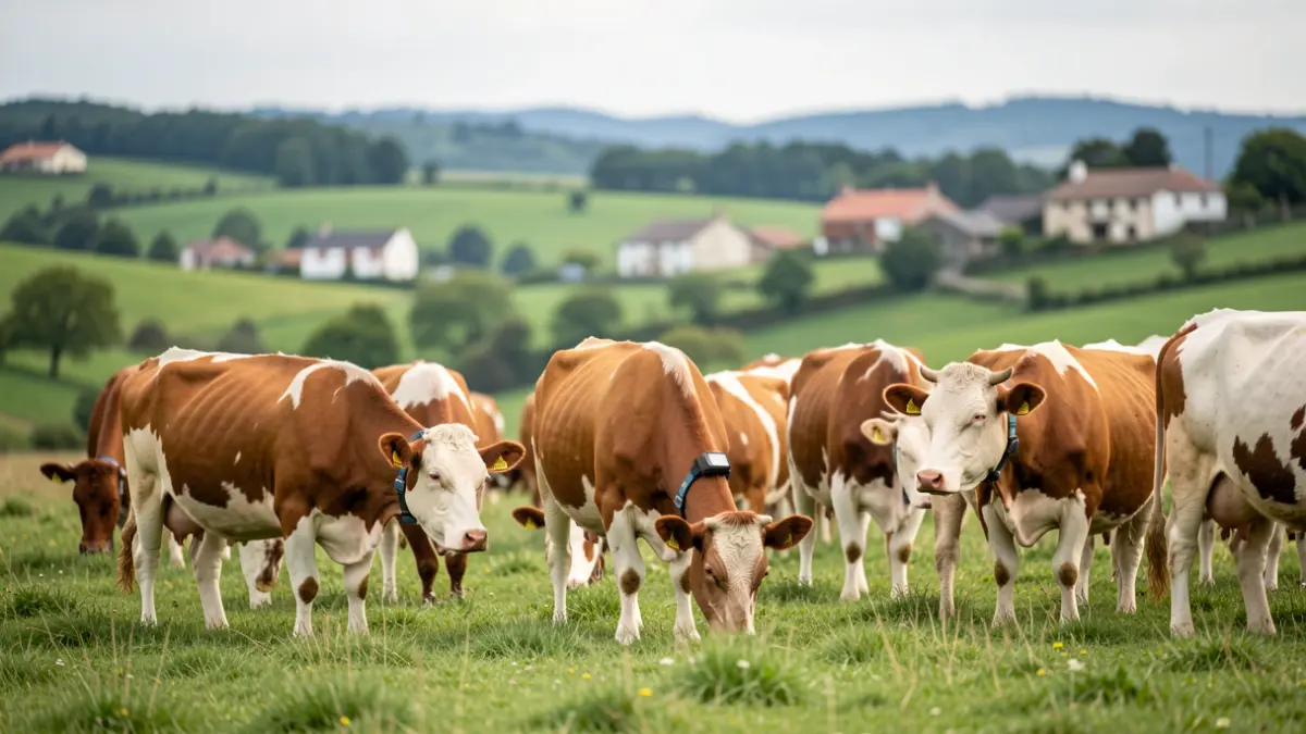 Un rabaño de vacas pastando con collares GPS nunha paisaxe galega verde.