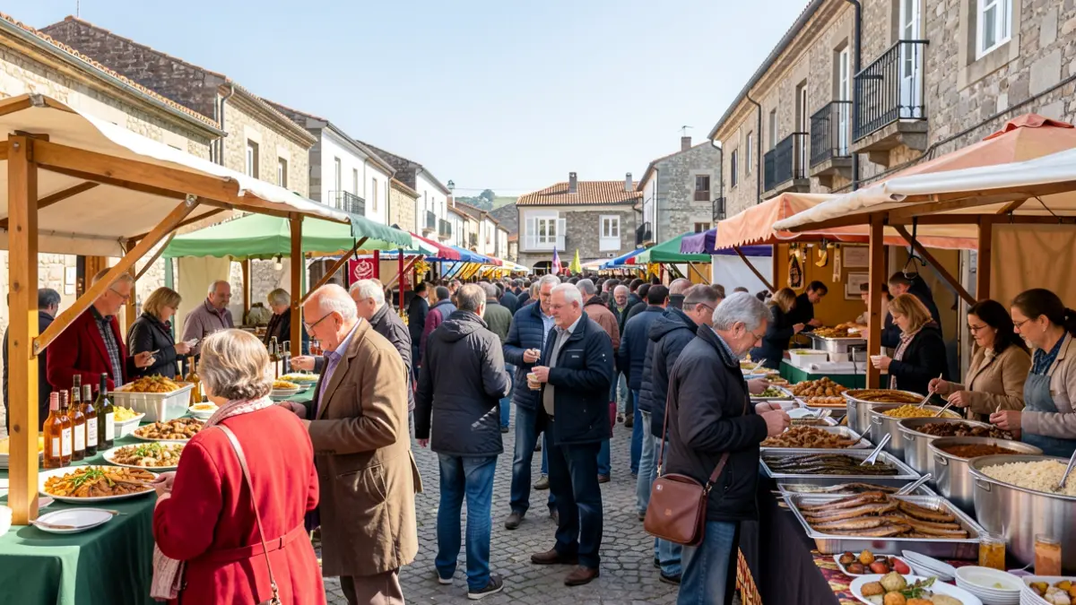 Imaxe xenérica dunha festa gastronómica ao aire libre en Galicia con postos de comida e xente.