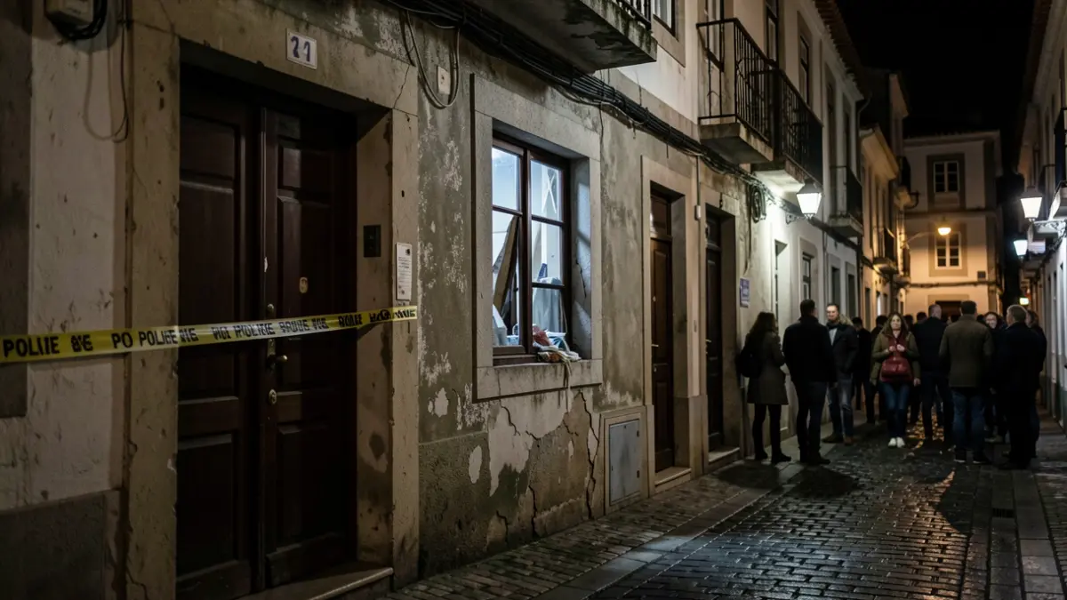 Imaxe dunha rúa escura e decrépita no barrio da Sagrada Familia da Coruña, cunha fiestra iluminada e precintada pola policía.
