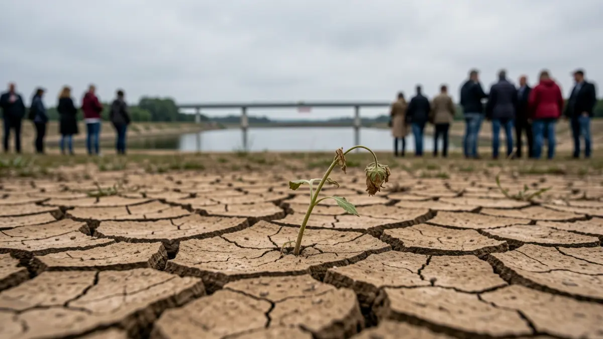 Imaxe xenérica de terra seca e rachada cunha planta murcha e un encoro con baixo nivel de auga.
