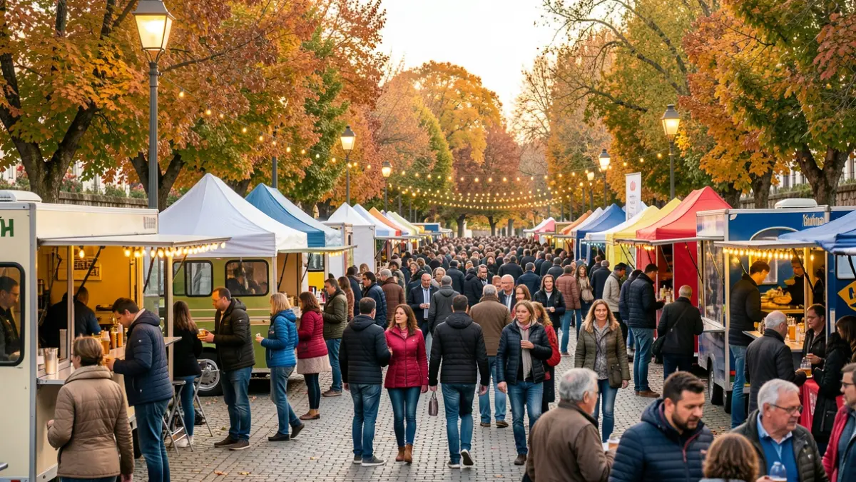 Imaxe dunha festa da cervexa nun parque de Verín con postos de comida e xente.