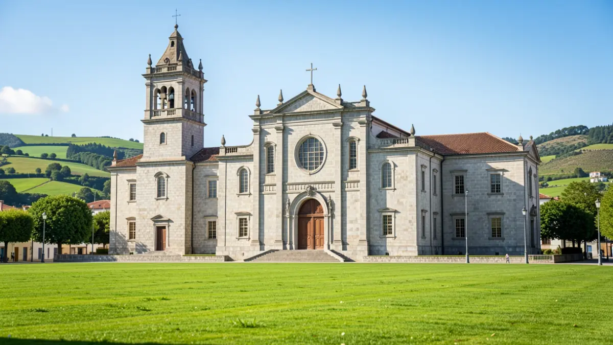 Fachada de la iglesia de Santa María a Maior en Verín con una nueva zona verde pública delante.