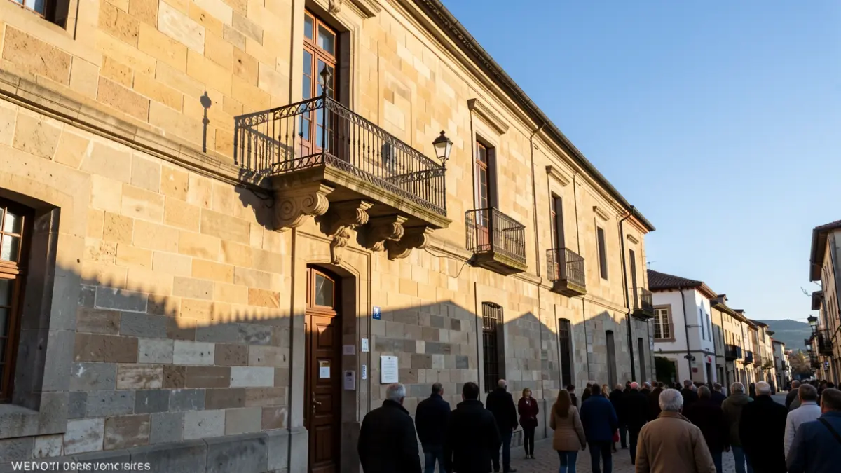 Imaxe xenérica dun concello galego con balcón e raís de ferro, baixo a luz do sol da tarde.