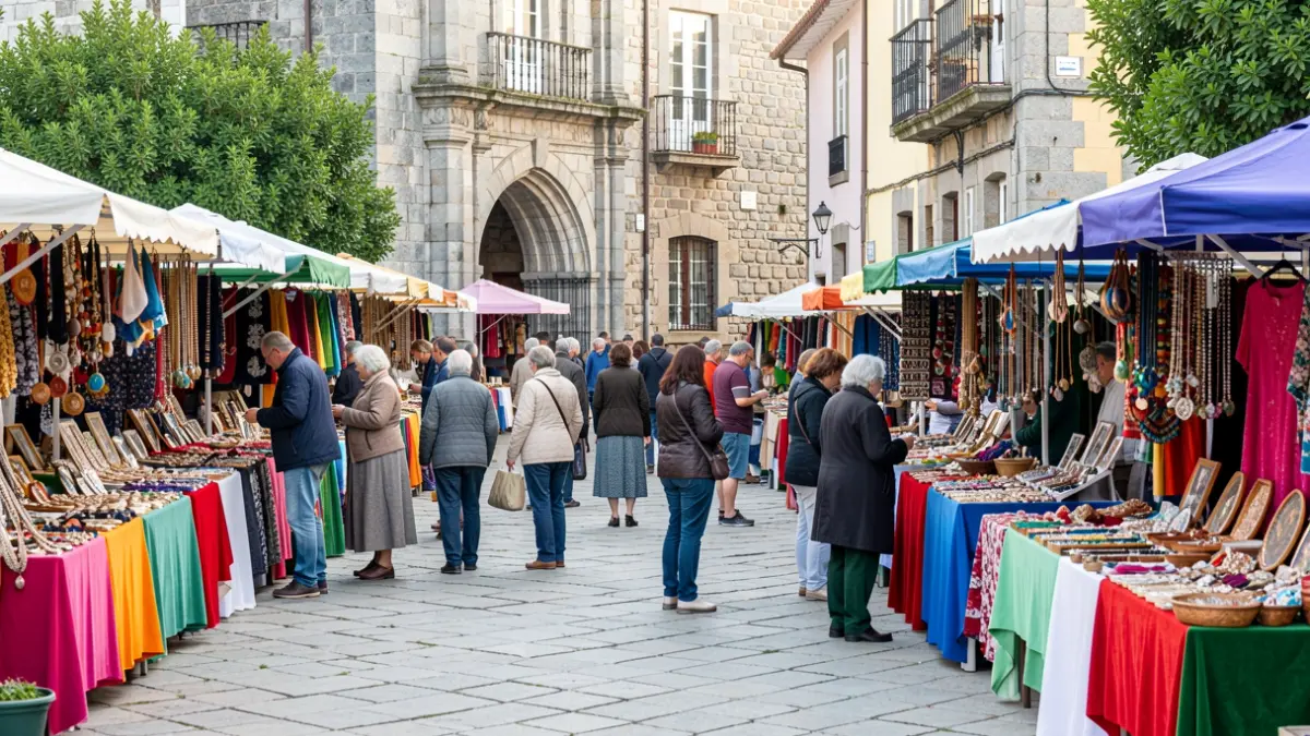 Imaxe dunha feira de stock comercial no Parque da Alameda de Verín, con postos de roupa e outros artigos, e xente paseando.