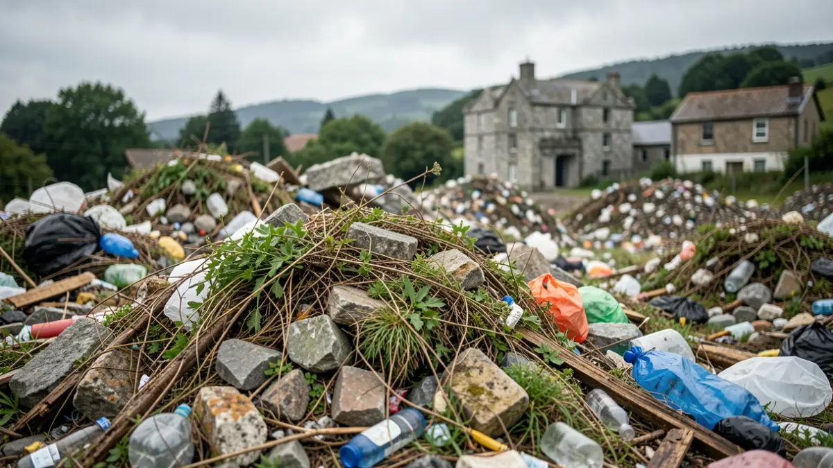 Imagen de un vertedero incontrolado con restos de escombros y plásticos en una zona rural de Galicia.