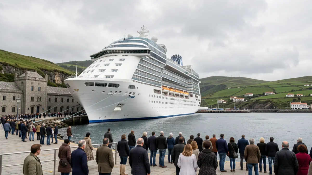 Imaxe xenérica dun cruceiro atracado nun porto galego con arquitectura de granito.
