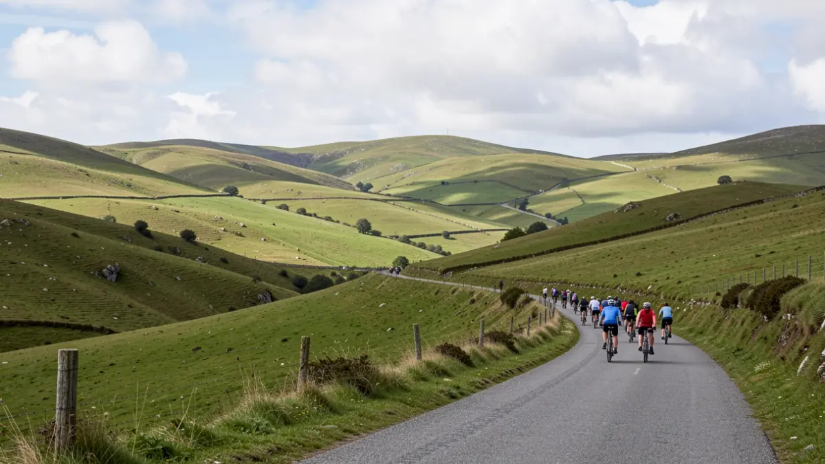 Imaxe xenérica dunha ruta ciclista transfronteiriza en Galicia, con paisaxe verde e estrada.