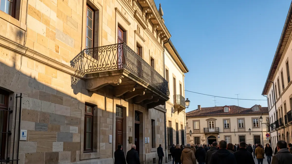 Imaxe dunha fachada de concello de pedra galego con balcón de ferro ornamentado, á luz do sol da tarde.
