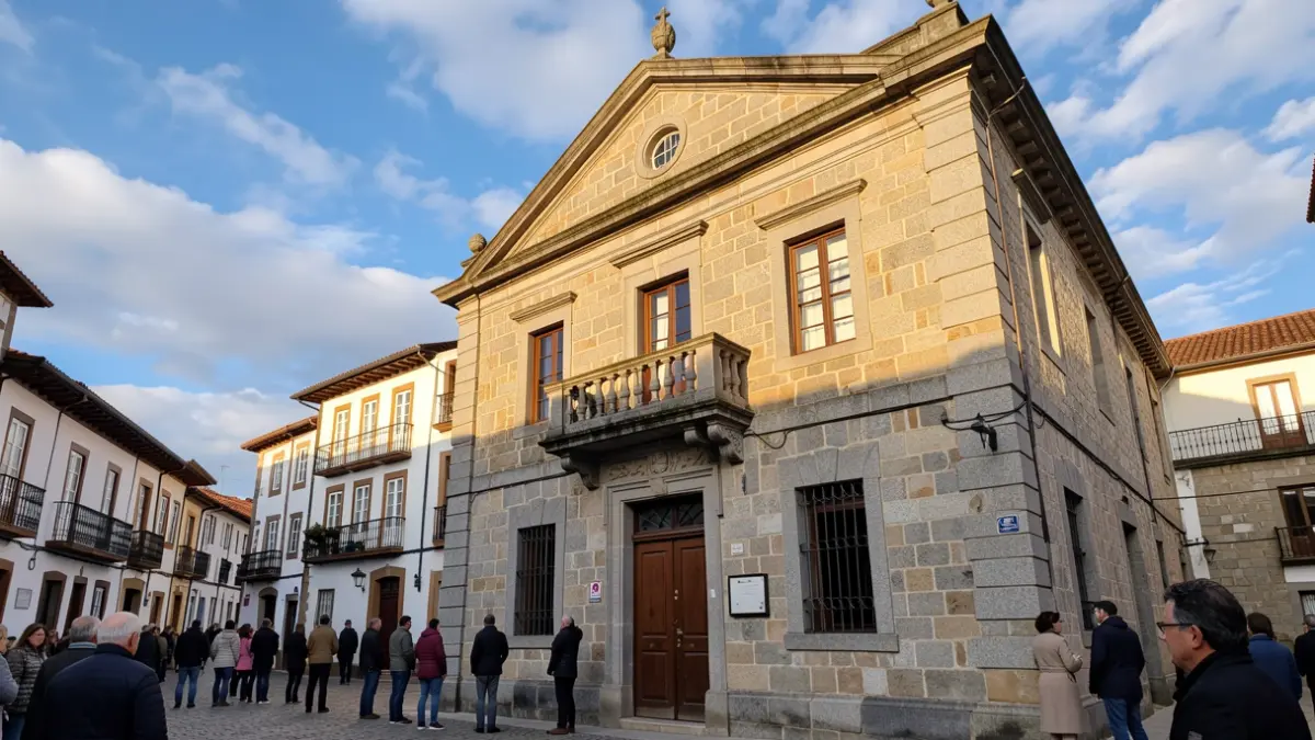 Fachada de un ayuntamiento tradicional de granito gallego con balcón ornamentado, a la luz del sol de la tarde.