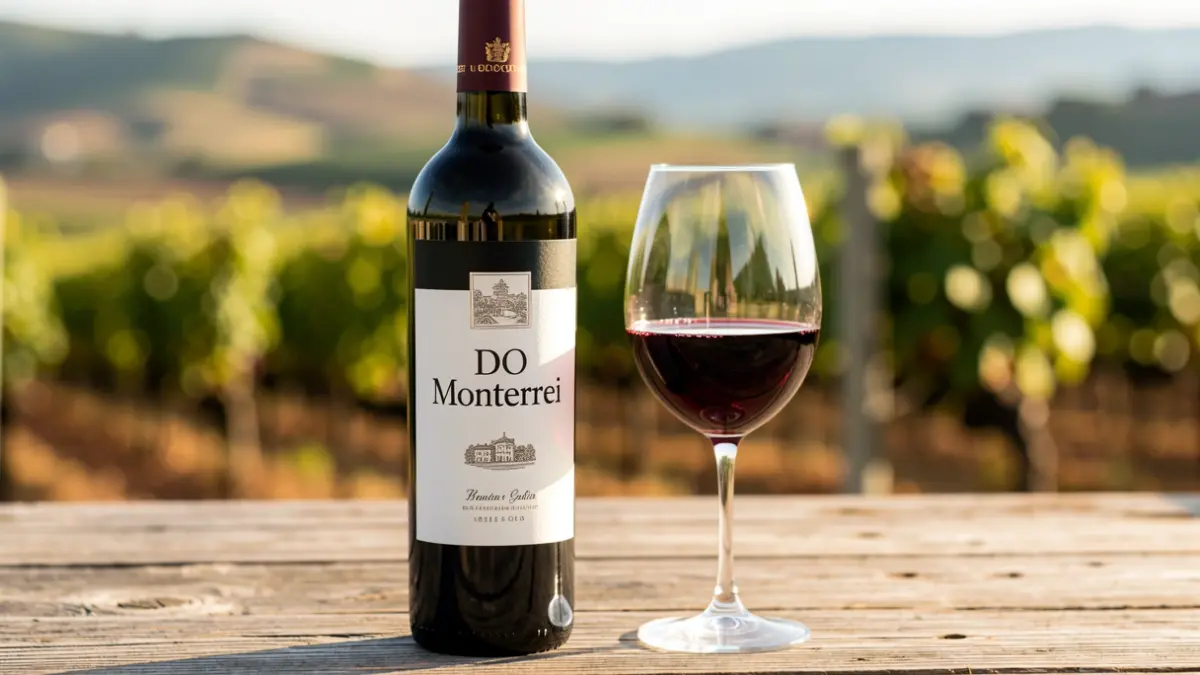 Imagen de una botella de vino de la DO Monterrei y una copa de vino tinto sobre una mesa de madera rústica.