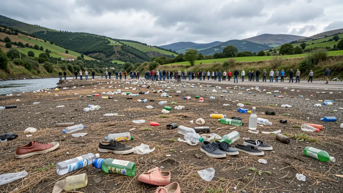 Imaxe dun río contaminado con lixo e zonas secas.