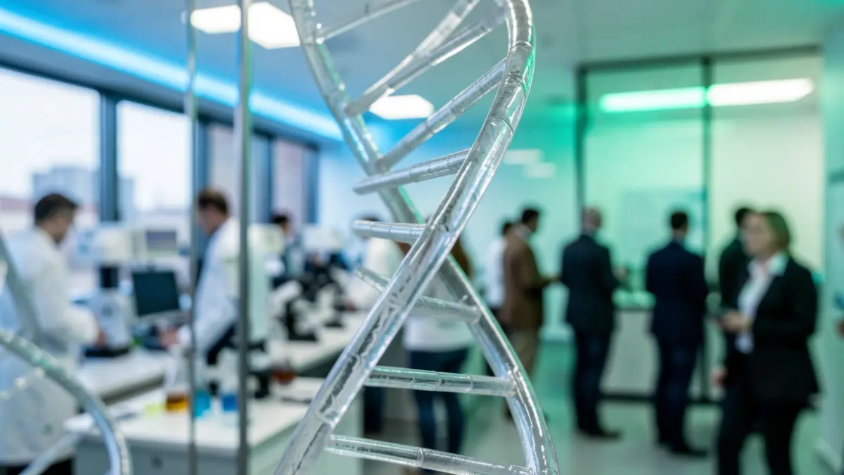 Imaxe xenérica dunha dobre hélice de ADN nun laboratorio moderno.
