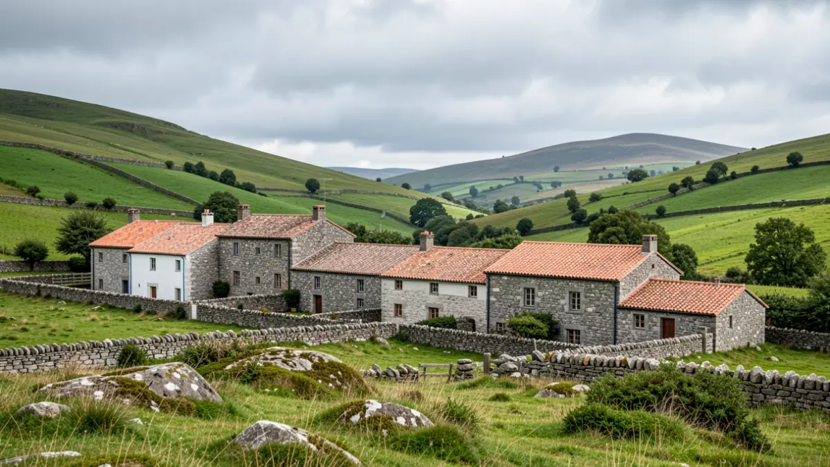 Imagen genérica de un paisaje de la parroquia de Cervo, Cedeira, con casas de granito y colinas verdes.