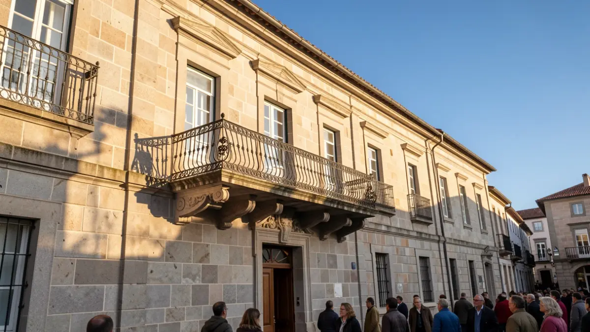 Imagen genérica de un ayuntamiento gallego de granito con balcón ornamentado.