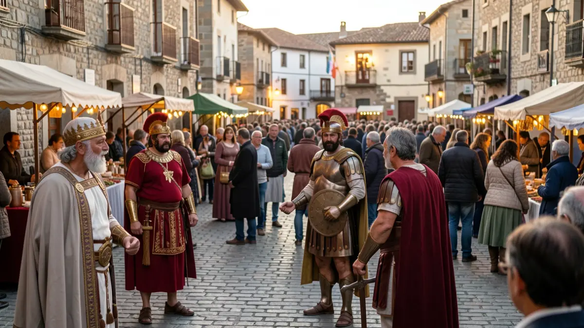 Imagen genérica de una fiesta de recreación histórica con una multitud borrosa y actores con vestimenta antigua.