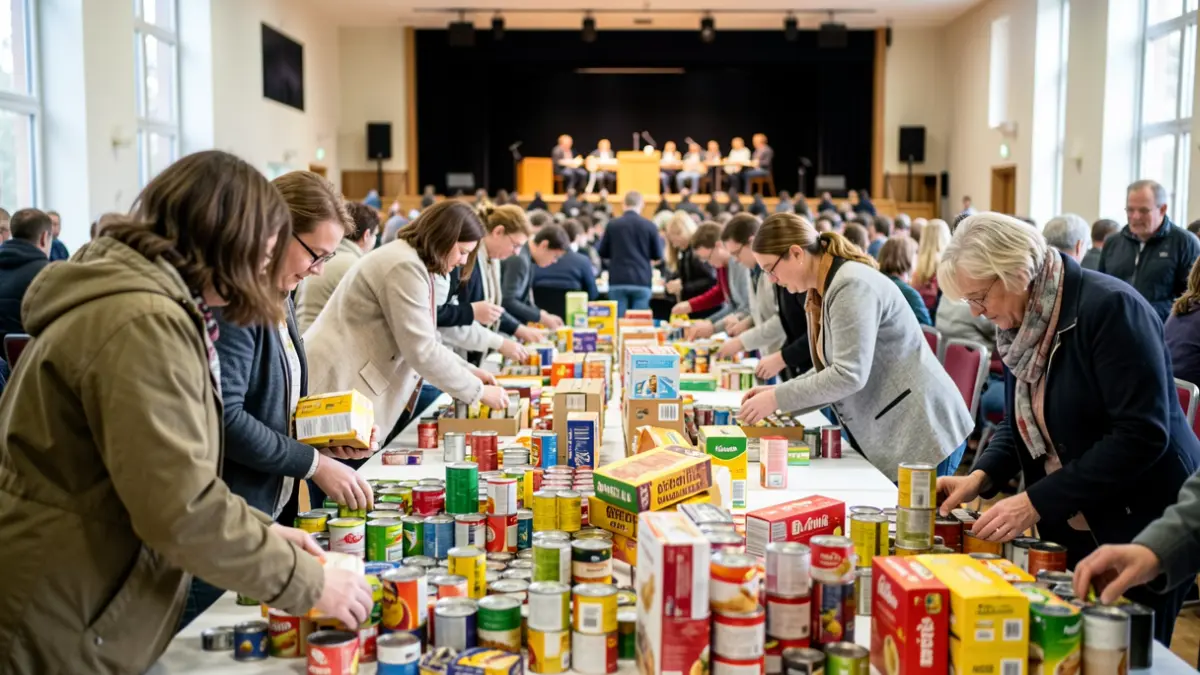 Imagen genérica de voluntarios organizando alimentos no perecedoiros en un centro comunitario.