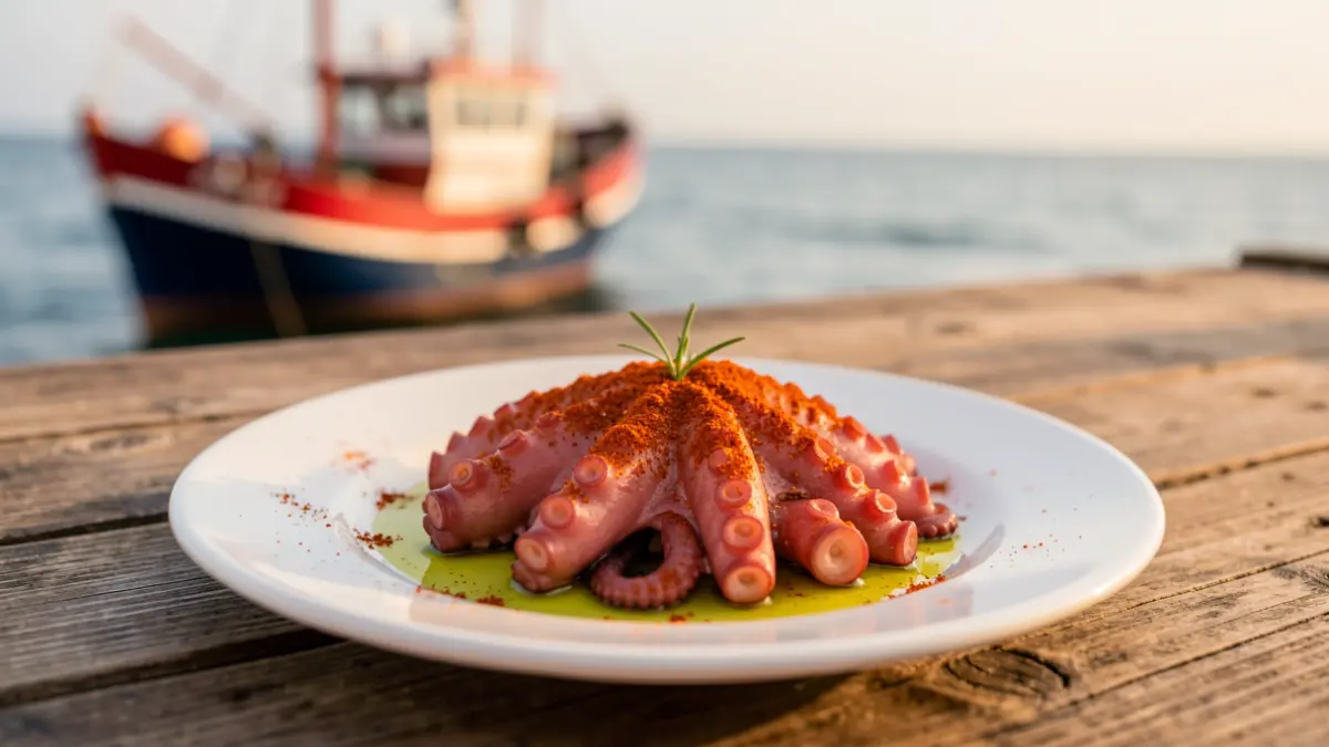 Imagen de un plato de pulpo a la feria sobre una mesa de madera rústica, con el mar y un barco de pesca desenfocados al fondo.