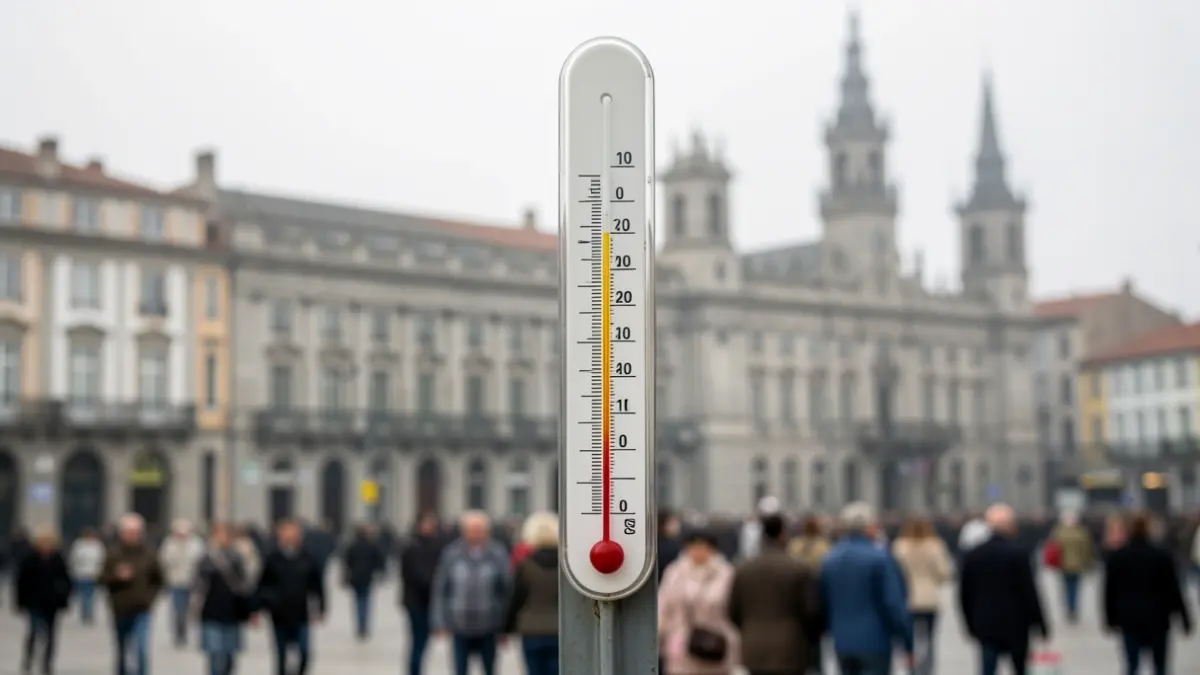 Imagen genérica de termómetro mostrando alta temperatura con el paisaje de Ourense de fondo.