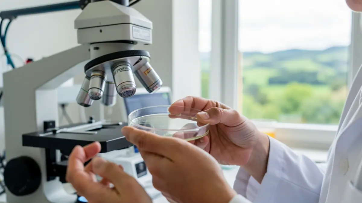 Primeira plana dunha investigadora sostendo unha placa de Petri baixo un microscopio, con equipo de laboratorio e paisaxe galega ao fondo.