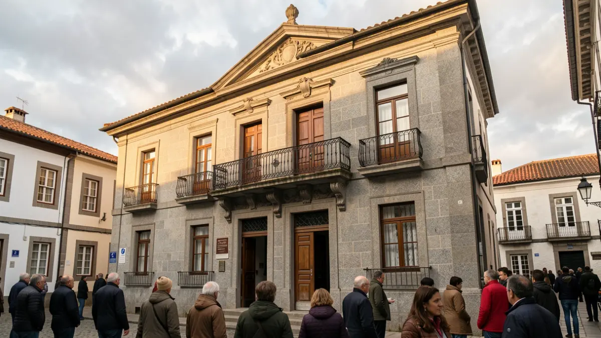 Imagen genérica de un ayuntamiento gallego de granito con balcón y cielo nublado.