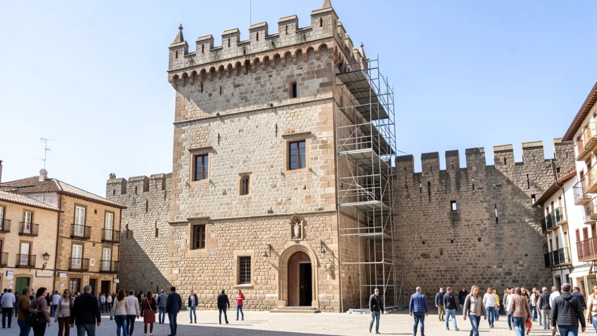 Imagen de la Casa Torre de Lugo en proceso de rehabilitación, junto a la Muralla Romana.